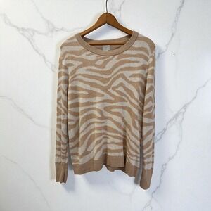 A New Day Womens Beige Brown Zebra Print  Long‎ Sleeve Pullover Sweater La large